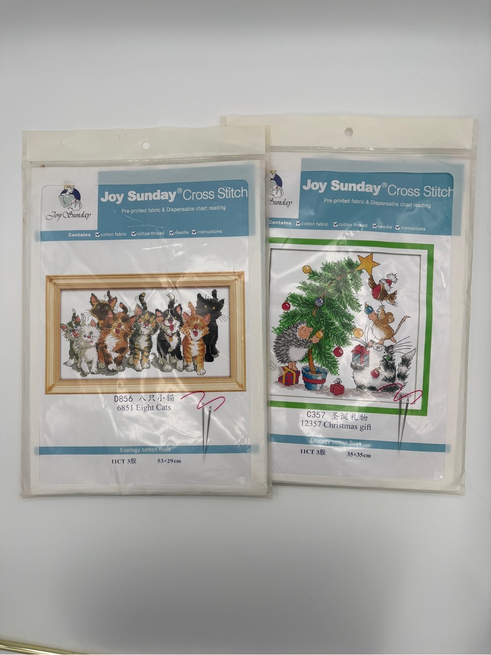 Two Joy Sunday Cross Stitch Kits #6851 Eight Cats/#12357 Christmas Gift